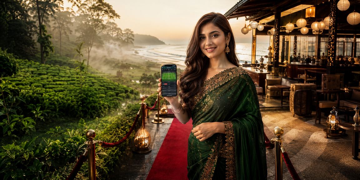 কক্সবাজারের চা বাগানের পরিবেশে মোবাইলে বেটিং টিপস দেখছেন একজন ব্যবহারকারী