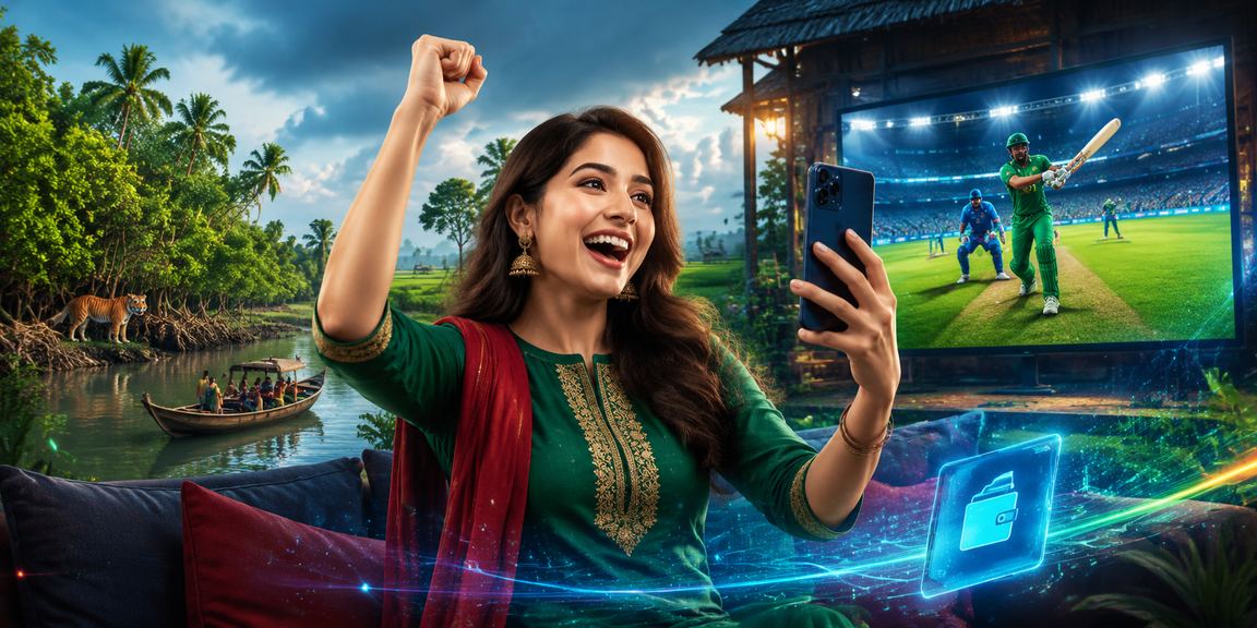 সুন্দরবনের প্রেক্ষাপটে বাংলাদেশের একজন ব্যবহারকারী মোবাইলে ক্রিকেট বেটিং উপভোগ করছেন